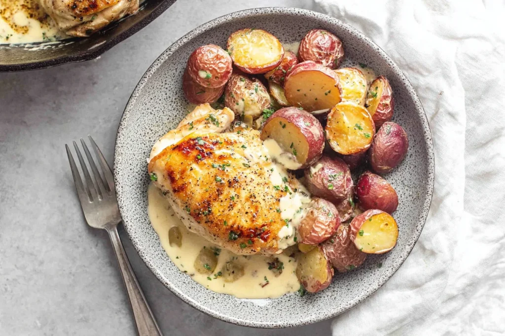 Chicken and Potatoes with Dijon Cream Sauce served in a bowl—golden seared chicken breast with roasted red baby potatoes and creamy Dijon mustard sauce.