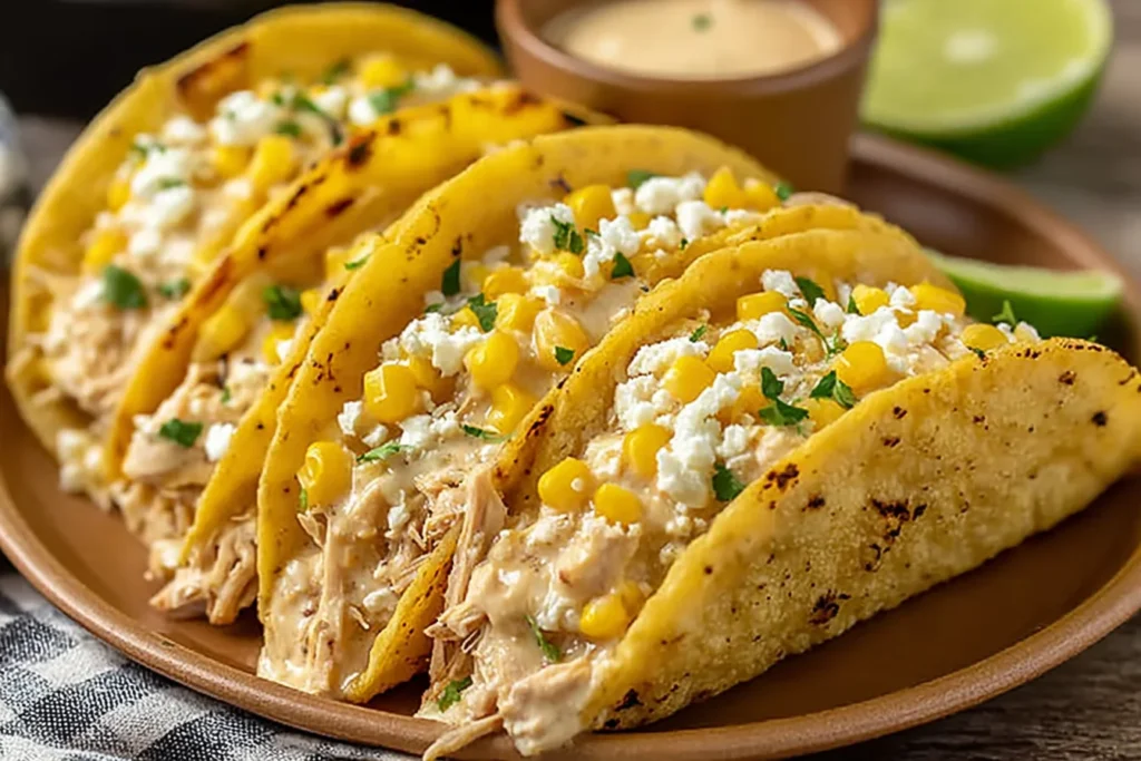 Corn Tortilla White Chicken Chili Tacos topped with creamy sauce, shredded chicken, sweet corn, crumbled cheese, and cilantro on a plate with lime.