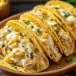 Corn Tortilla White Chicken Chili Tacos with creamy white sauce, shredded chicken, sweet corn, and melted mozzarella on a plate.