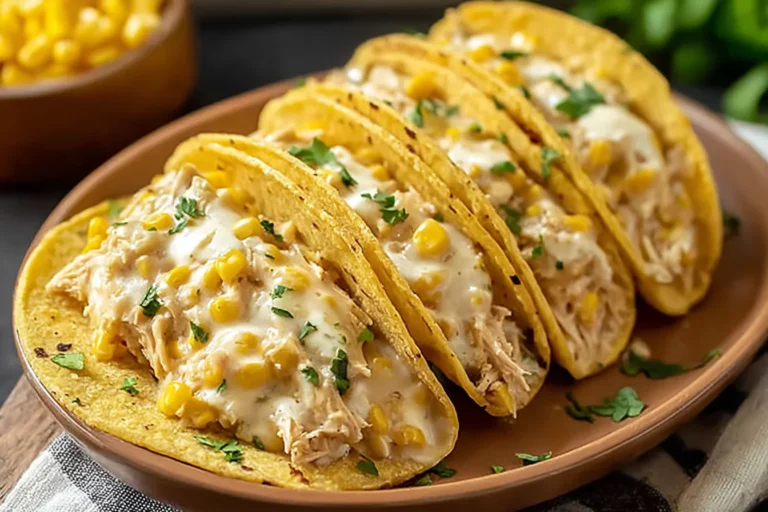 Corn Tortilla White Chicken Chili Tacos with creamy white sauce, shredded chicken, sweet corn, and melted mozzarella on a plate.