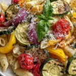 Roasted Vegetable Pasta with penne, zucchini, bell peppers, roasted cherry tomatoes, red onion, basil, and Parmesan in a white bowl.