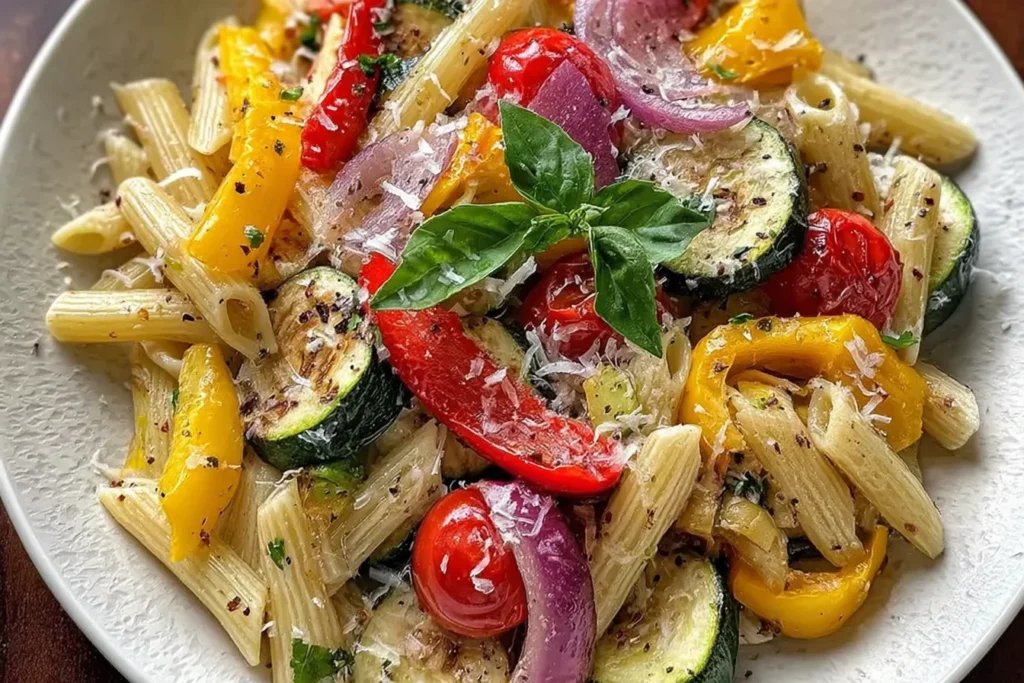 Roasted Vegetable Pasta with penne, roasted zucchini, red and yellow bell peppers, red onion, cherry tomatoes, basil, and grated Parmesan.