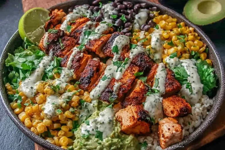 Chipotle Chicken Bowl with smoky grilled chicken, black beans, charred corn, rice, avocado, and creamy chipotle sauce, topped with cilantro and lime.