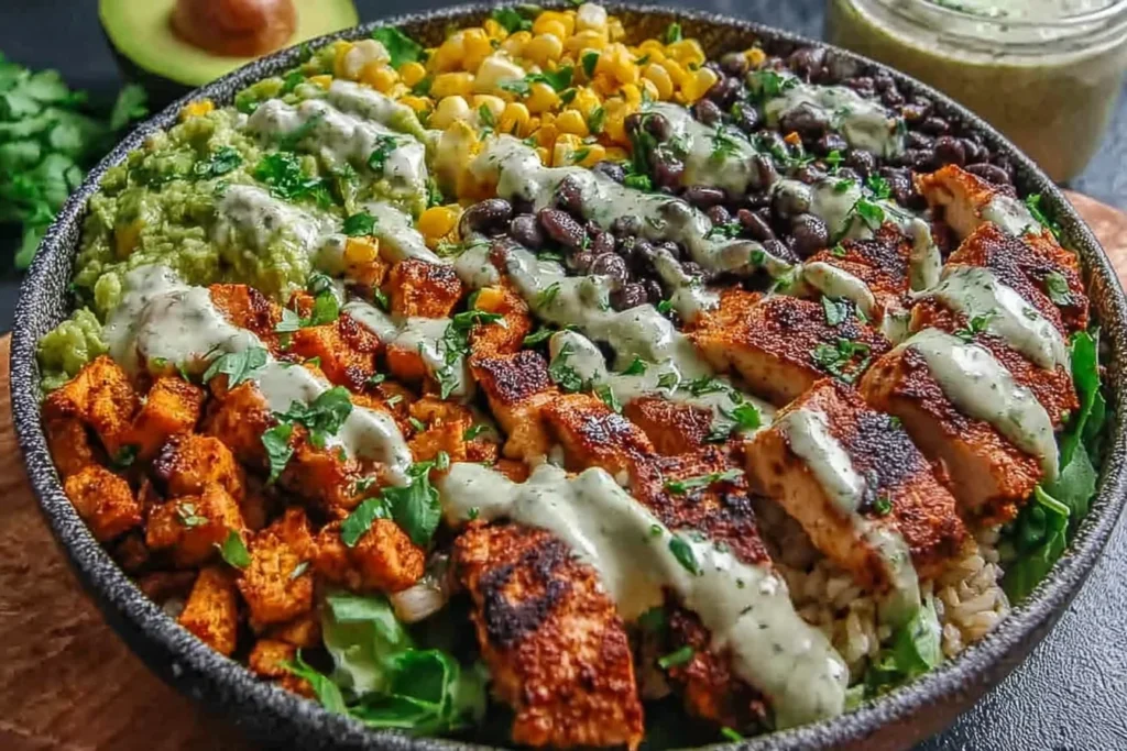 Chipotle Chicken Bowl with spiced chicken, black beans, charred corn, guacamole, rice, and creamy chipotle sauce, garnished with cilantro.