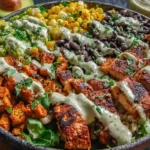 Chipotle Chicken Bowl with spiced chicken, black beans, charred corn, guacamole, rice, and creamy chipotle sauce, garnished with cilantro.