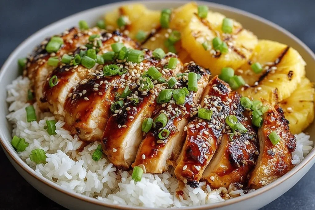 Hawaiian Chicken with Coconut Rice in a bowl, topped with sesame seeds and green onions, served with grilled pineapple on the side.
