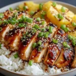 Hawaiian Chicken with Coconut Rice in a bowl, topped with sesame seeds and green onions, served with grilled pineapple on the side.