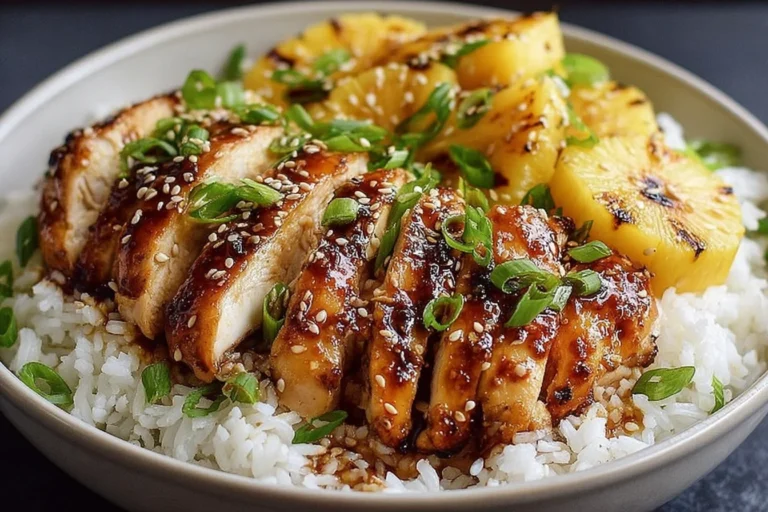 Hawaiian Chicken with Coconut Rice topped with grilled pineapple, sesame seeds, and green onions in a bowl of fluffy rice.