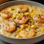 Close-up of creamy Shrimp and Corn Chowder with sautéed shrimp, sweet corn, potatoes, and herbs in a rustic bowl.