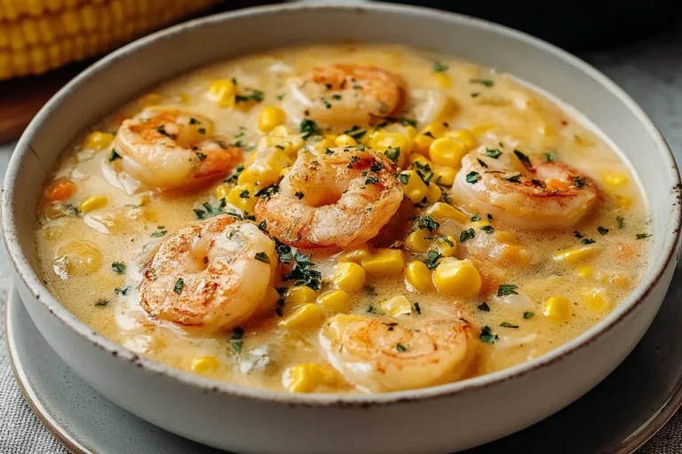 Close-up of creamy Shrimp and Corn Chowder with sautéed shrimp, sweet corn, potatoes, and herbs in a rustic bowl.