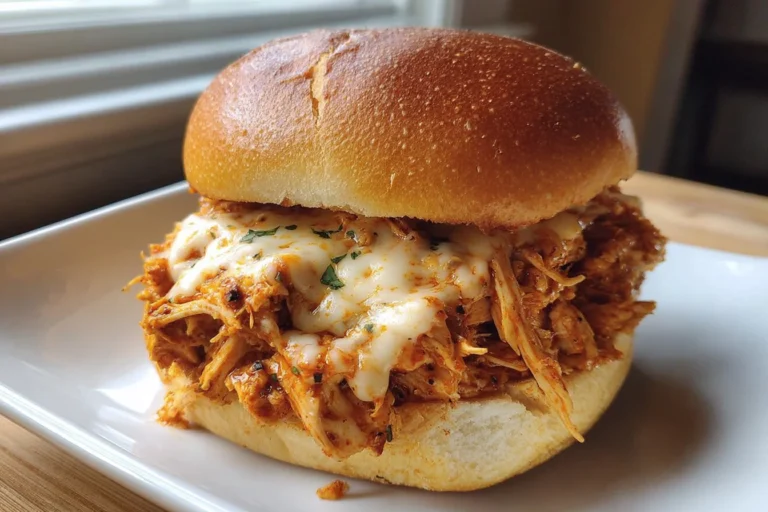 Slow Cooker Parmesan Garlic Chicken Sandwich on a toasted bun with juicy shredded chicken and melted mozzarella on a white plate.
