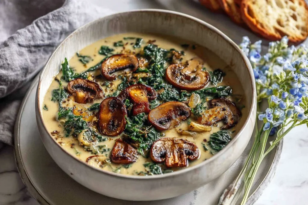 Wild Mushroom Caramelized Onion and Kale Soup in a ceramic bowl, topped with golden sautéed mushrooms and tender kale, served with crusty bread.