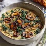 Wild Mushroom Caramelized Onion and Kale Soup in a ceramic bowl, topped with golden sautéed mushrooms and tender kale, served with crusty bread.