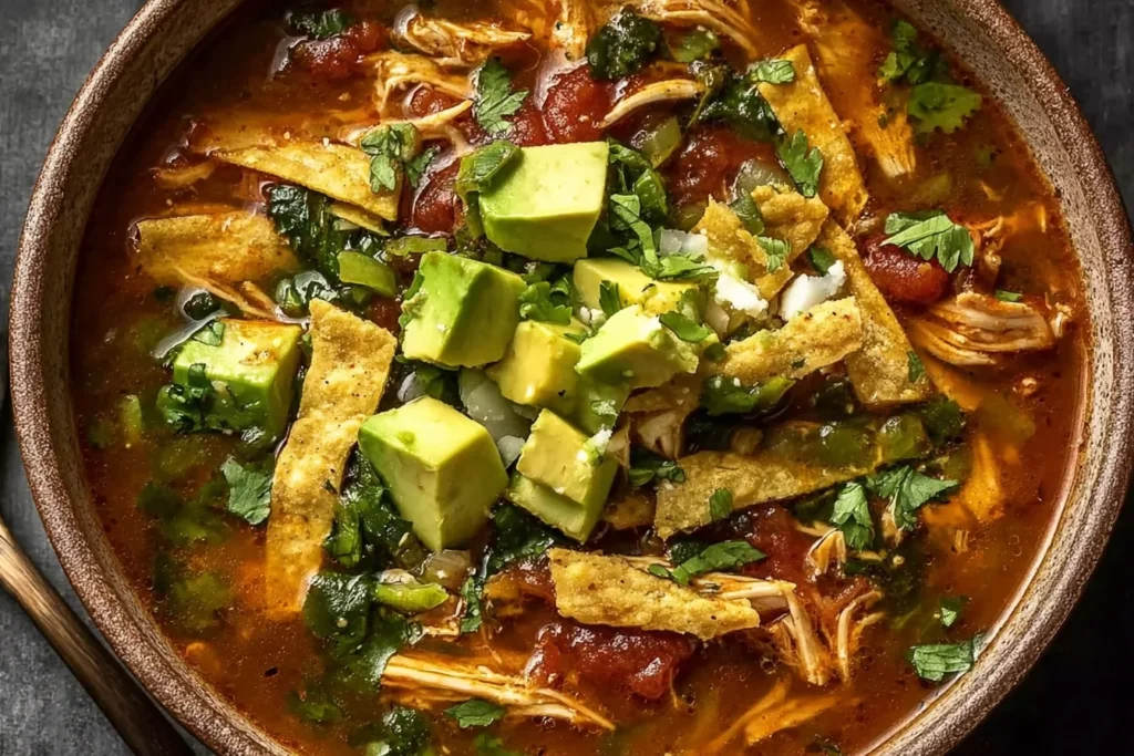 Bowl of Poblano Chicken Tortilla Soup topped with avocado chunks, crispy tortilla strips, cilantro, and shredded chicken in a smoky broth.