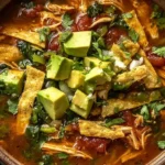 Bowl of Poblano Chicken Tortilla Soup topped with avocado chunks, crispy tortilla strips, cilantro, and shredded chicken in a smoky broth.
