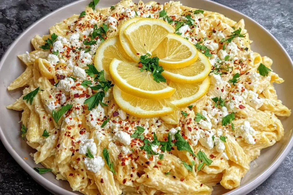 Creamy Lemon Feta Pasta piled on a platter with penne in lemon cream sauce, topped with crumbled feta, parsley, red pepper flakes, and layered lemon slices.