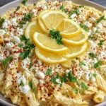 Creamy Lemon Feta Pasta piled on a platter with penne in lemon cream sauce, topped with crumbled feta, parsley, red pepper flakes, and layered lemon slices.