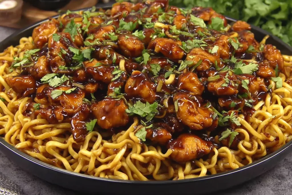 Sticky Garlic Chicken Noodles in a skillet, coated in a glossy honey-soy garlic sauce with tender chicken pieces and fresh herbs.