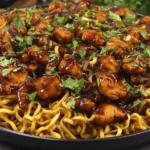 Sticky Garlic Chicken Noodles in a skillet, coated in a glossy honey-soy garlic sauce with tender chicken pieces and fresh herbs.