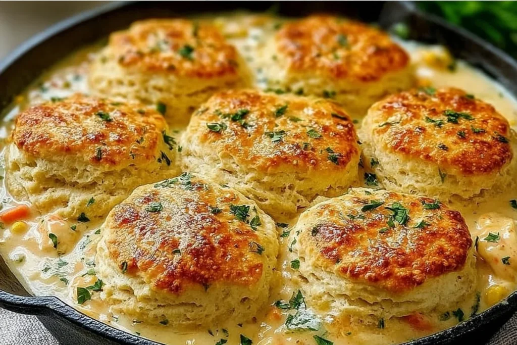 Red Lobster Biscuit Chicken Pot Pie in a skillet with golden cheddar garlic biscuits on top and creamy chicken-vegetable filling.
