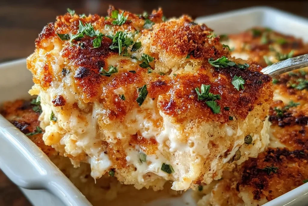 High Protein Chicken Parmesan Casserole slice with bubbly mozzarella, marinara, and crispy whole wheat breadcrumb topping, garnished with parsley in a baking dish.