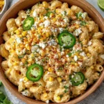 Mexican Street Corn Pasta Salad in a wooden bowl with creamy pasta, charred corn, cotija cheese, cilantro, and fresh jalapeño slices, served with lime.