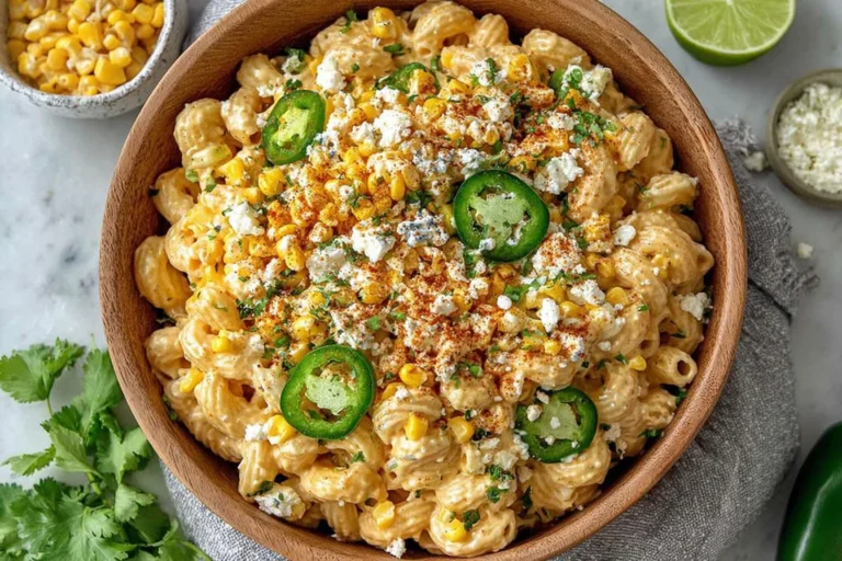 Mexican Street Corn Pasta Salad in a wooden bowl with creamy pasta, charred corn, cotija cheese, cilantro, and fresh jalapeño slices, served with lime.