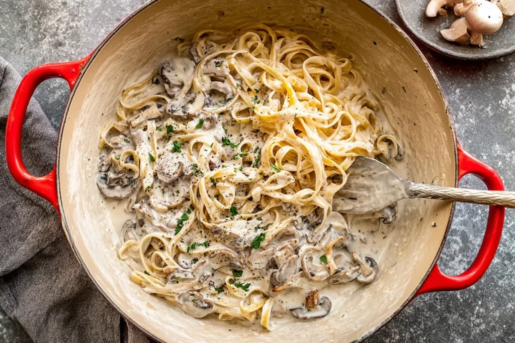 Creamy Mushroom Cream Sauce Pasta tossed in a red pot with fettuccine, sautéed mushrooms, Parmesan cream sauce, and parsley