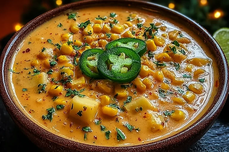 Creamy Jalapeño Corn Chowder in a rustic bowl with sweet corn, tender potatoes, and fresh jalapeño slices on top.