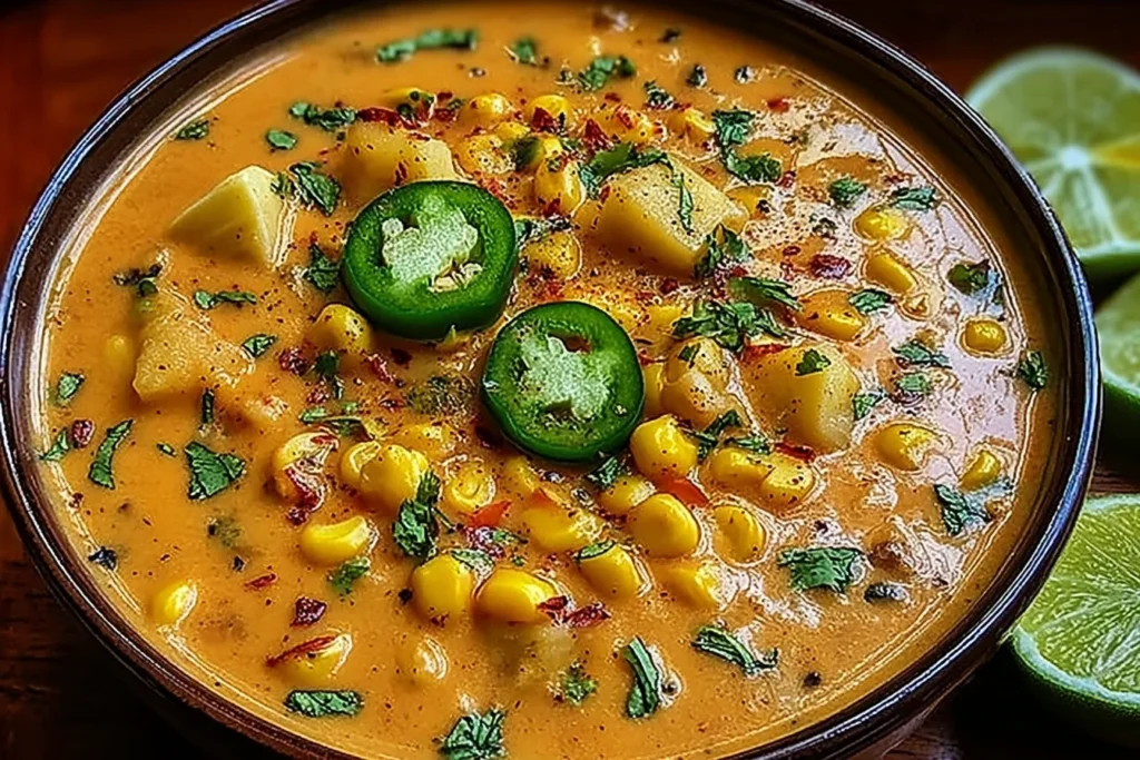 Creamy Jalapeño Corn Chowder in a dark bowl with corn, diced potatoes, herbs, and fresh jalapeño slices, served with lime wedges.
