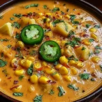 Creamy Jalapeño Corn Chowder in a dark bowl with corn, diced potatoes, herbs, and fresh jalapeño slices, served with lime wedges.