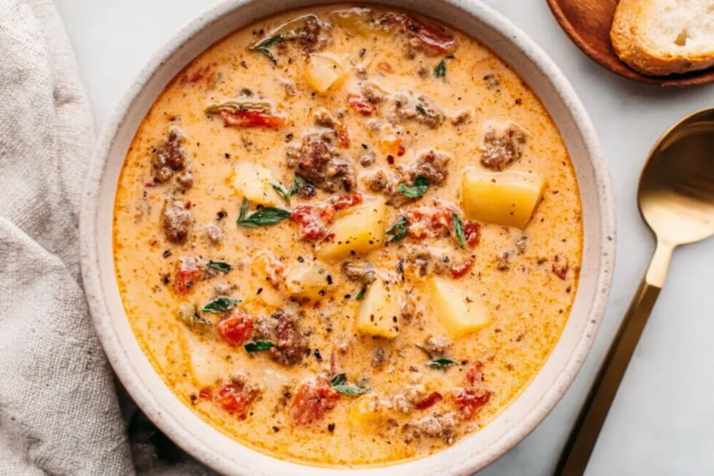 Bowl of Tuscan Sausage and Potato Soup with creamy broth, Italian sausage crumbles, tender potatoes, and herbs on a white table.