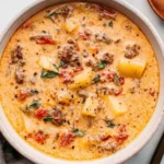 Bowl of Tuscan Sausage and Potato Soup with creamy broth, Italian sausage crumbles, tender potatoes, and herbs on a white table.