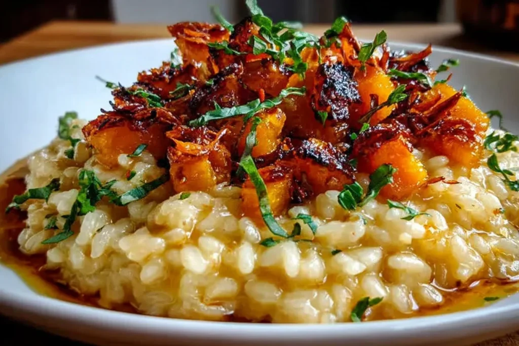 Roasted Butternut Squash Risotto served creamy in a white bowl, topped with crispy caramelized roasted squash cubes and fresh chopped herbs.