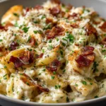 Crazy Good Casserole served in a bowl with creamy chicken, tender pasta, crispy bacon, and parsley on top.
