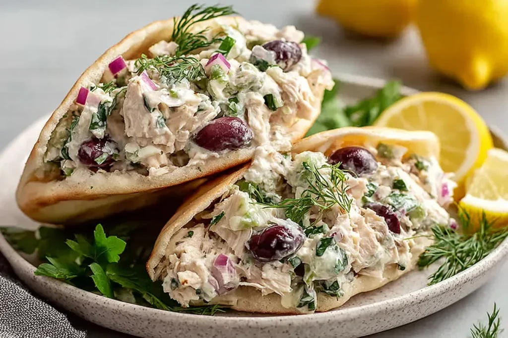 Tzatziki Chicken Salad Recipe in soft pita pockets with Greek yogurt dressing, cucumber, dill, red onion, and kalamata olives, served with lemon.