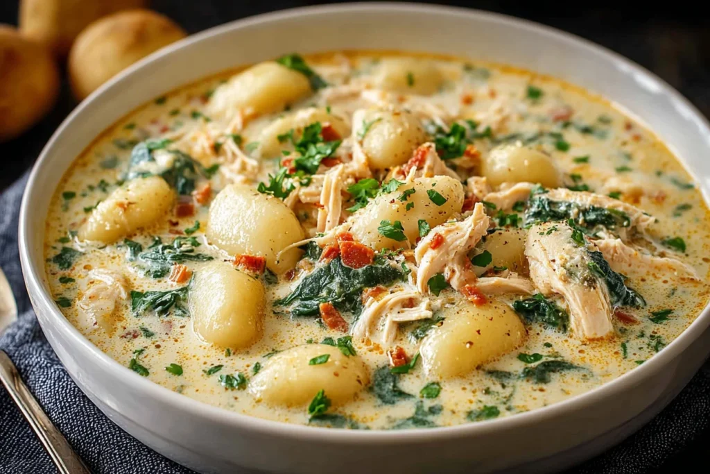 Close-up of creamy Crockpot Chicken Gnocchi Soup with tender gnocchi, shredded chicken, spinach, herbs, and a sprinkle of seasoning in a white bowl.