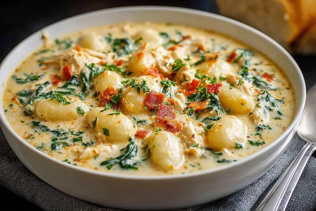 Creamy Crockpot Chicken Gnocchi Soup in a white bowl with pillowy gnocchi, shredded chicken, spinach, and crispy bacon on top.