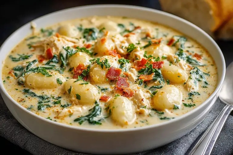 Creamy Crockpot Chicken Gnocchi Soup in a white bowl with pillowy gnocchi, shredded chicken, spinach, and crispy bacon on top.