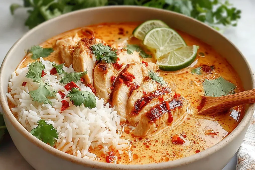 Coconut Chicken Brothy Rice in a bowl with creamy coconut curry broth, tender chicken, jasmine rice, cilantro, chili oil, and lime wedges.