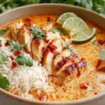 Coconut Chicken Brothy Rice in a bowl with creamy coconut curry broth, tender chicken, jasmine rice, cilantro, chili oil, and lime wedges.