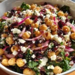 Divorce Salad made with chickpeas, dried cranberries, red onion, leafy greens, and crumbled feta in a white bowl