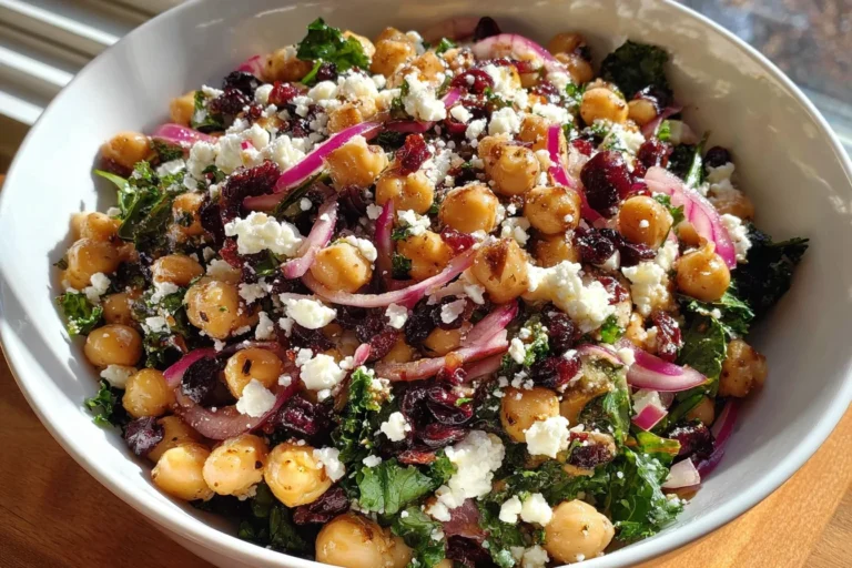 Divorce Salad made with chickpeas, dried cranberries, red onion, leafy greens, and crumbled feta in a white bowl
