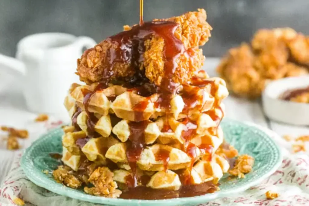 Southern Fried Chicken and Waffles stacked with crispy fried chicken and warm Belgian waffles, drizzled with spicy honey butter sauce.