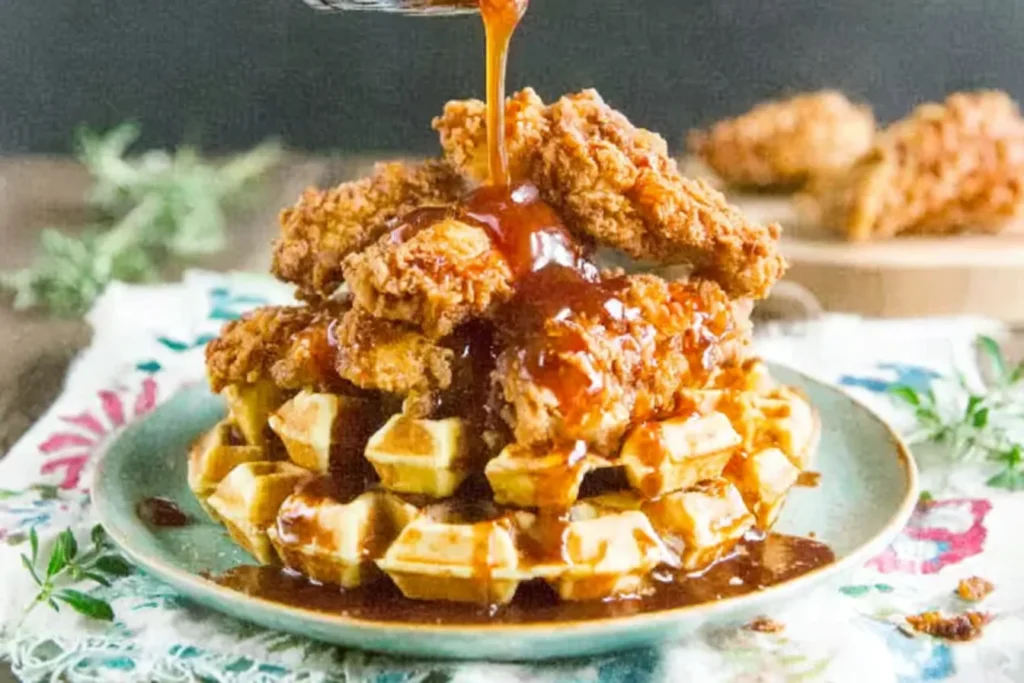 Southern Fried Chicken and Waffles piled high with crispy fried chicken on golden Belgian waffles, drizzled with spicy honey butter sauce.