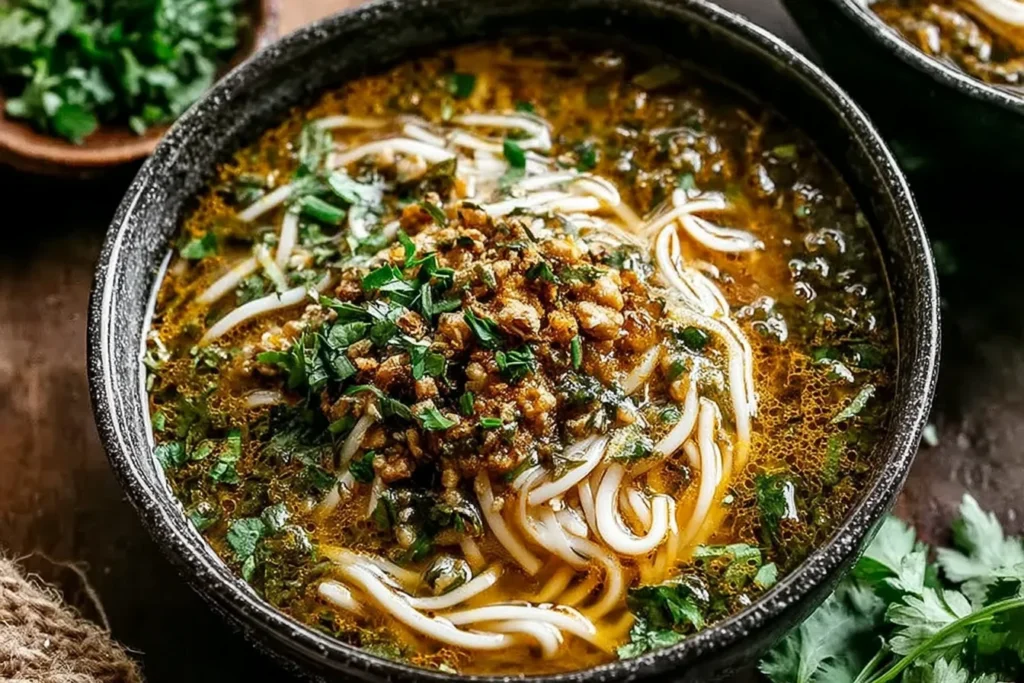 Persian Noodle Soup Recipe in a dark bowl with golden turmeric broth, tender noodles, fresh chopped herbs, and crispy onion topping.