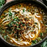 Persian Noodle Soup Recipe in a dark bowl with golden turmeric broth, tender noodles, fresh chopped herbs, and crispy onion topping.