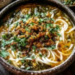 Persian Noodle Soup Recipe in a rustic bowl with tender noodles, golden broth, fresh herbs, and crispy fried onions on top.