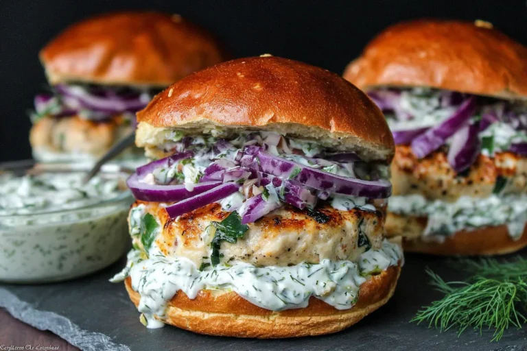 Greek Chicken Burgers with Tzatziki on a brioche bun topped with red onion and creamy herb tzatziki sauce.