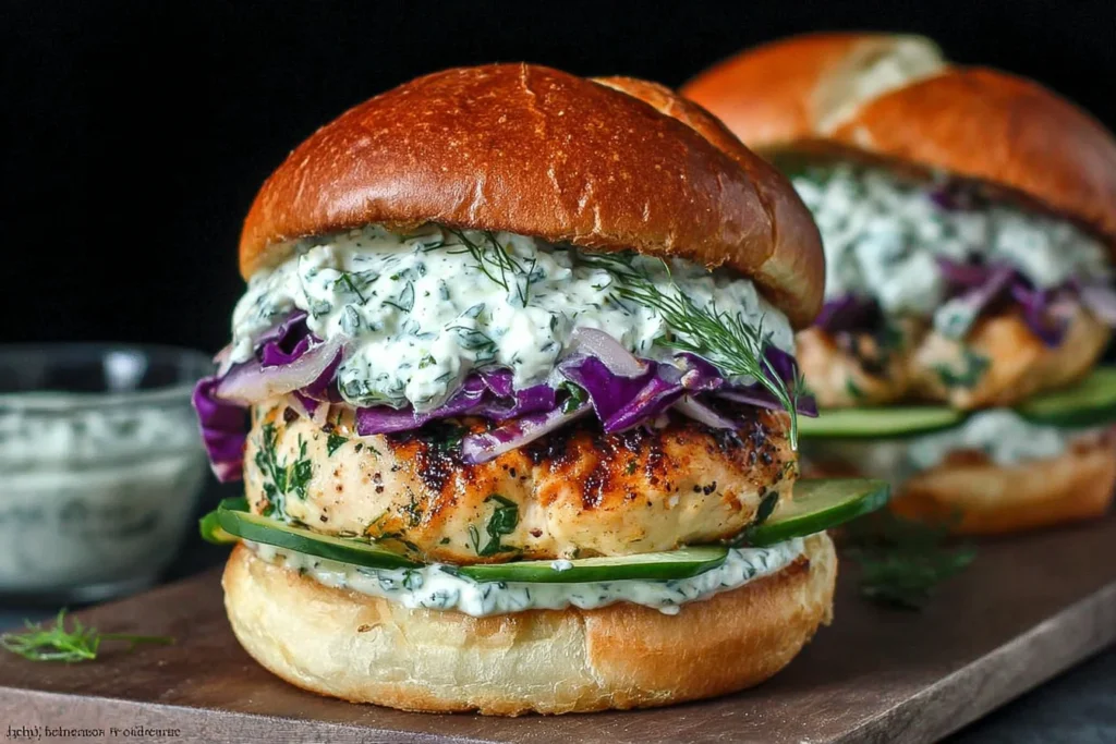 Greek Chicken Burgers with Tzatziki stacked on a toasted bun with cucumber slices, purple cabbage, and creamy dill tzatziki.